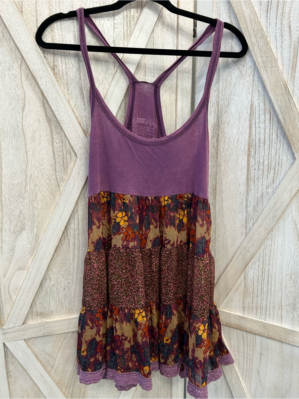 Purple Tiered Floral Mini Dress with Crochet Hem
